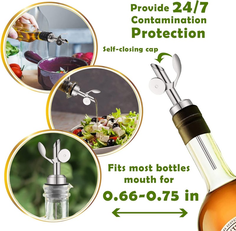 WAFJAMF Weighted Stainless Steel Bottle Pourers, Auto Flip Feature Self Closing Olive Oil Dispenser Spout with 1 Cleaning Brush, Liquor Pour Spouts for Pours Liquid, Olive Oil, Wine, Vinegar (Silver) - Image 2